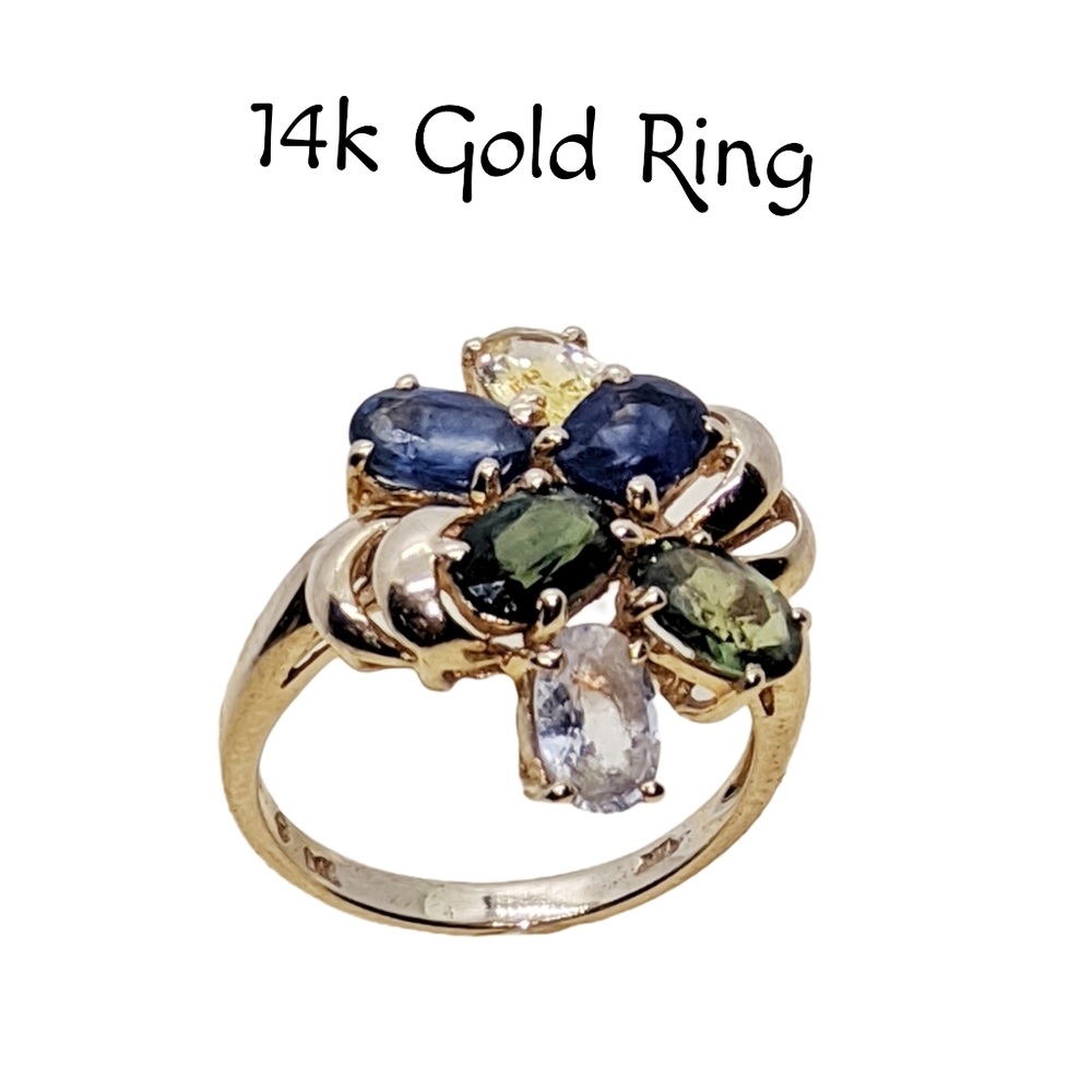 14k Gold ~ Asymmetrical Ring with Peridot, Sapphire, Topaz, Citrine, & Z… - Picture 3 of 7